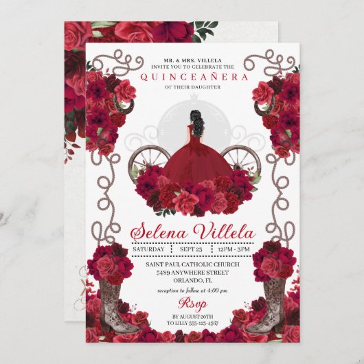 Red Floral Western Cowgirl Boots Quinceanera Einladung (Vorne/Hinten)