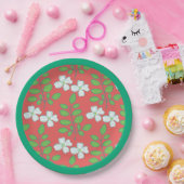 Red Floral White Blossoms & Green Leaves Pappteller (Party)