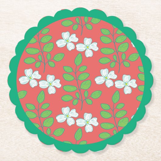 Red Floral White Blossoms & Green Leaves Untersetzer (Vorderseite)