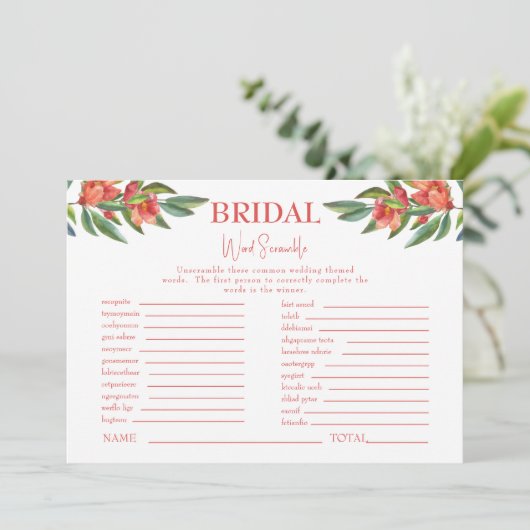 Red Floral White Brautparty Word Scramble Game Einladung (Stehend Vorderseite)
