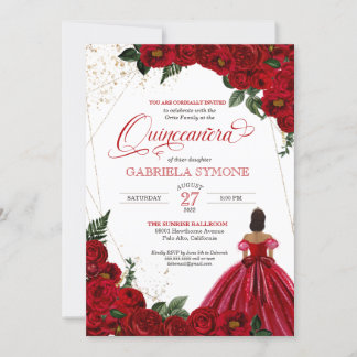 Red Floral White & Gold Elegante Gown Quinceanera Einladung