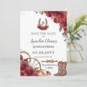 Red Floral Wild West Horse Charro Quinceañera Save The Date (Stehend Vorderseite)