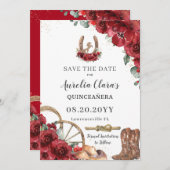 Red Floral Wild West Horse Charro Quinceañera Save The Date (Vorne/Hinten)
