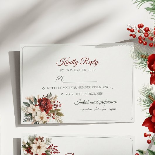 Red Floral Winter Wedding RSVP Card