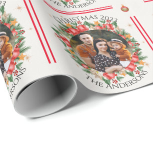 Red Florals Family Foto Frohe Weihnachten Geschenkpapier