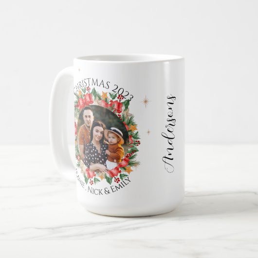 Red Florals Family Foto Frohe Weihnachten Kaffeetasse (Vorderseite Links)