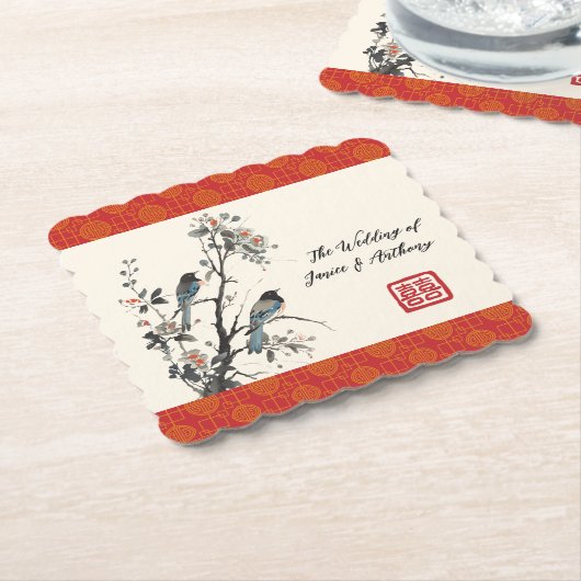 Red flower bird oriental Chinese wedding Untersetzer (angewinkelt)