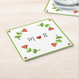 Red Flower Paper – Initials and Heart Design Rechteckiger Pappuntersetzer