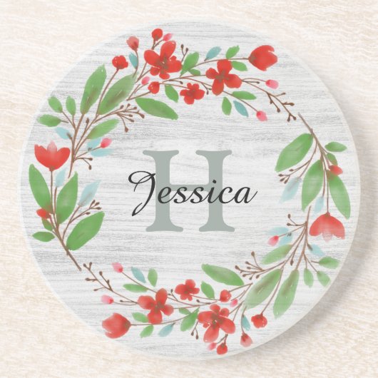Red Flower Wreath Rustic Personalised Getränkeuntersetzer (Vorne)