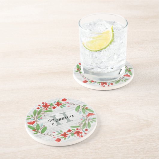 Red Flower Wreath Rustic Personalised Getränkeuntersetzer (Seite)