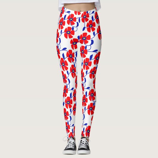 Red Flowers Blue Vines Leggings (Vorderseite)
