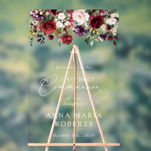 Red Flowers, Boho, First Holy Communion Welcome Acrylschild (Neutral)