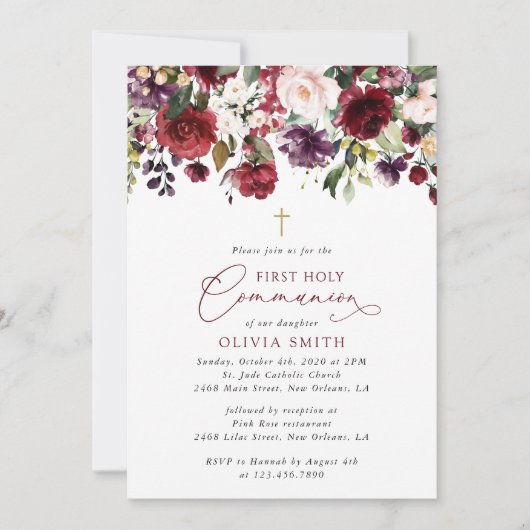 Red Flowers, Pink Flowers, First Holy Communion Einladung (Vorderseite)