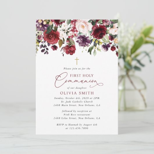 Red Flowers, Pink Flowers, First Holy Communion Einladung (Stehend Vorderseite)