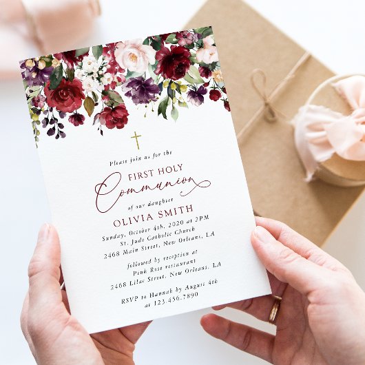 Red Flowers, Pink Flowers, First Holy Communion Einladung