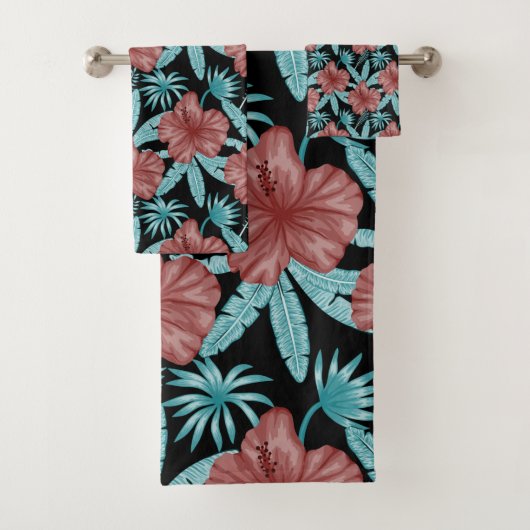 Red flowers tropical seamless pattern &blue leaves badhandtuch set (Insitu)