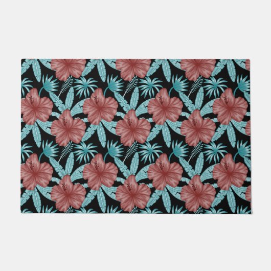 Red flowers tropical seamless pattern &blue leaves fußmatte (Vorderseite)