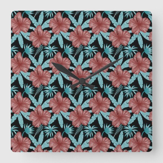 Red flowers tropical seamless pattern &blue leaves quadratische wanduhr (Vorderseite)