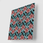 Red flowers tropical seamless pattern &blue leaves quadratische wanduhr (Winkel)