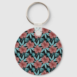 Red flowers tropical seamless pattern &blue leaves schlüsselanhänger