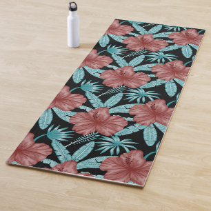 Red flowers tropical seamless pattern &blue leaves yogamatte