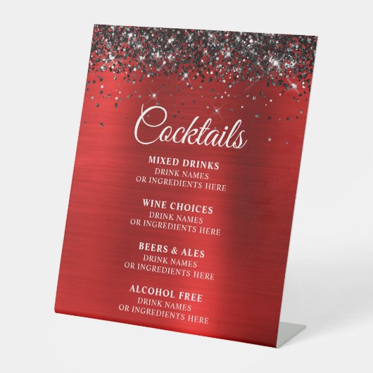 Red Foil Cocktails Bar Menu für Schwarze Glitzer Sockelschild (Vorderseite)