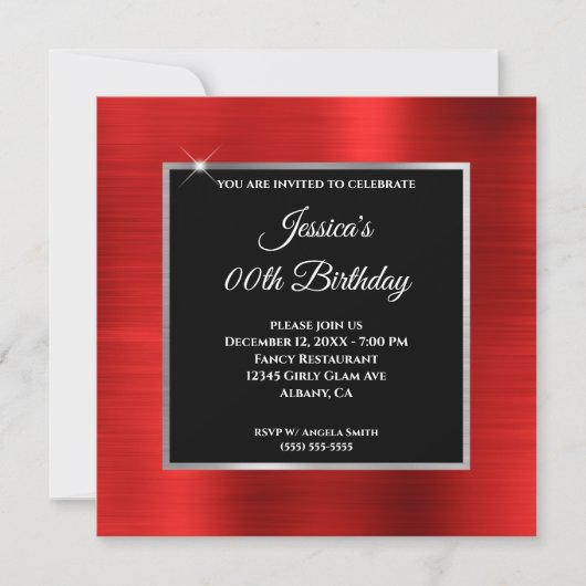 Red Foil Silver und Black Birthday Einladung (Vorderseite)