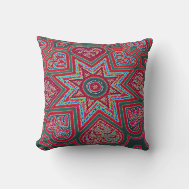 Red Folk Art Hearts Throw Kissen (Vorderseite)