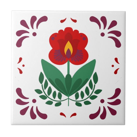 Red Folk Blume Azulejo Fliese (Vorderseite)