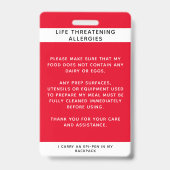 Red Food Allergy Alert Child ID Ausweis (Back)