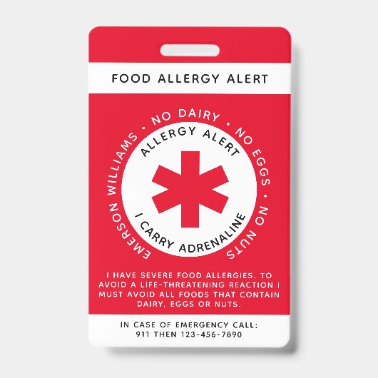 Red Food Allergy Alert Child ID Ausweis (Front)