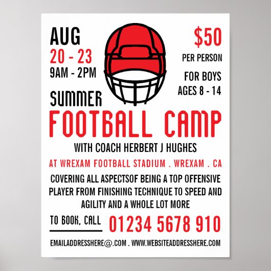 Red Football Helmet, Football Camp Werbung Poster (Vorne)