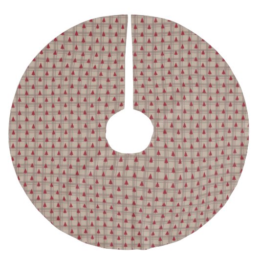 Red Forest Rows on Warm Beige Grid Polyester Weihnachtsbaumdecke (Vorderseite)