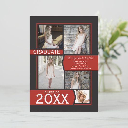 Red Foto Collage Class of Abschluss Ankündigung (Stehend Vorderseite)