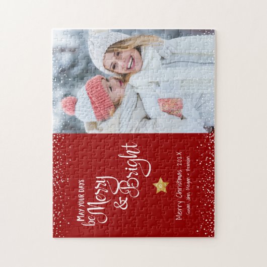 Red Foto Days Merry Bright Script Gold Holiday Puzzle (Vertikal)