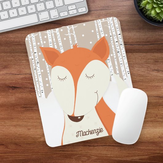 Red Fox Birch Tree Winter Woodland Mousepad