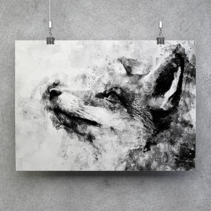 Red Fox Black and White Watercolor 01 Poster