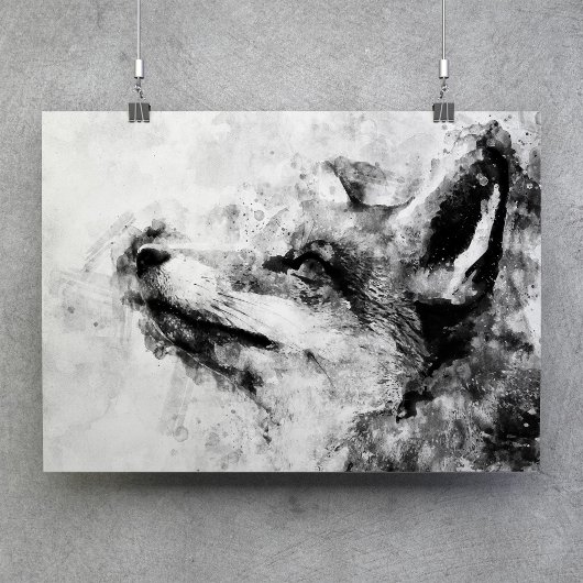 Red Fox Black and White Watercolor 01 Poster
