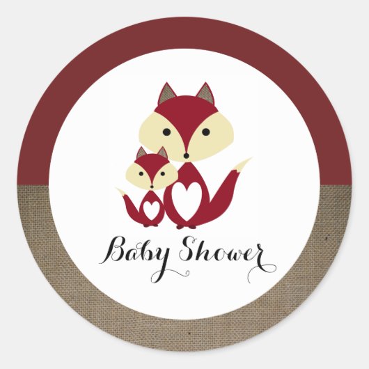 Red Fox Burlap Baby Dusche Runder Aufkleber (Vorderseite)