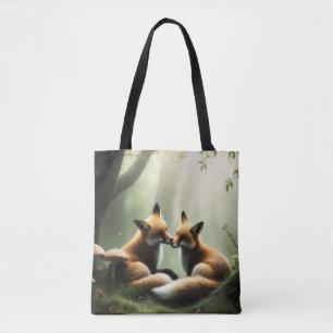 Red Fox Cuddle in Misty Forest Tasche
