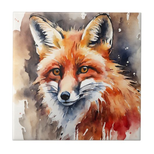 Red Fox Face Watercolor Fliese (Vorderseite)