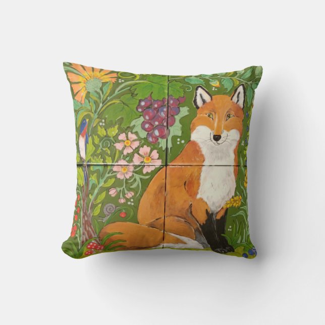 Red Fox Green Woodland Tile Colorful Folk Kissen (Vorderseite)