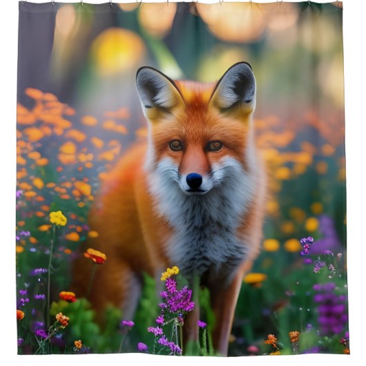 Red Fox im Bereich der Wildblumen Duschvorhang (Vorderseite)