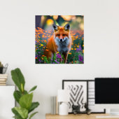 Red Fox im Bereich der Wildblumen Poster (Heimbüro)