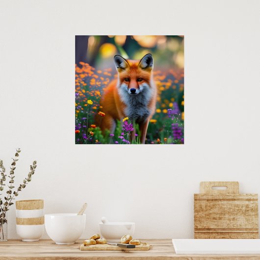 Red Fox im Bereich der Wildblumen Poster (Küche)