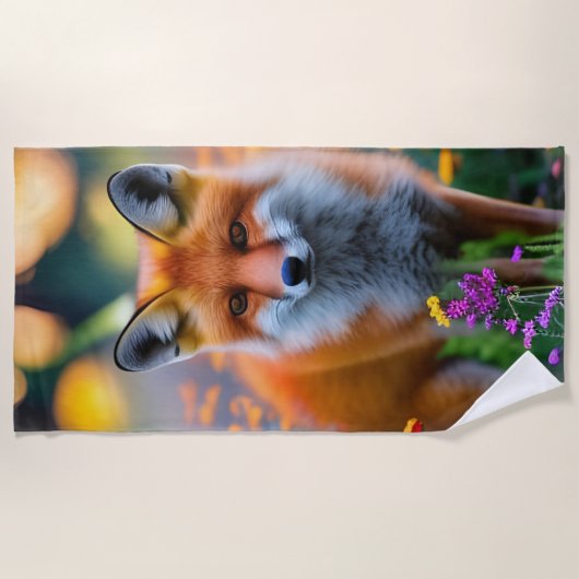 Red Fox im Bereich der Wildblumen Strandtuch (Vorderseite)
