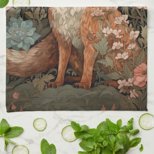 Red Fox im Herbstgarten William Morris Style Geschirrtuch (Gefaltet)