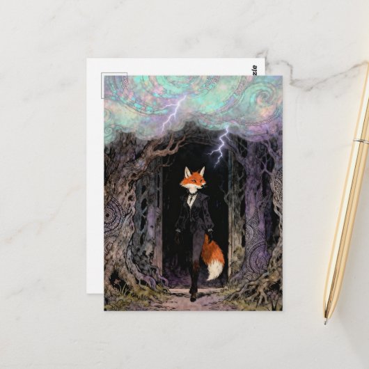 Red Fox in a Suit Forest Thunderstorm Postkarte (Vorderseite/Rückseite Beispiel)