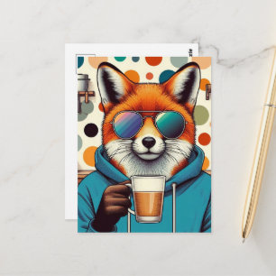 Red Fox in Sonnenbrille mit einem Kaffee Postkarte