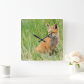 Red Fox Kit im Gras in der Nähe von Garten Quadratische Wanduhr (Zuhause)